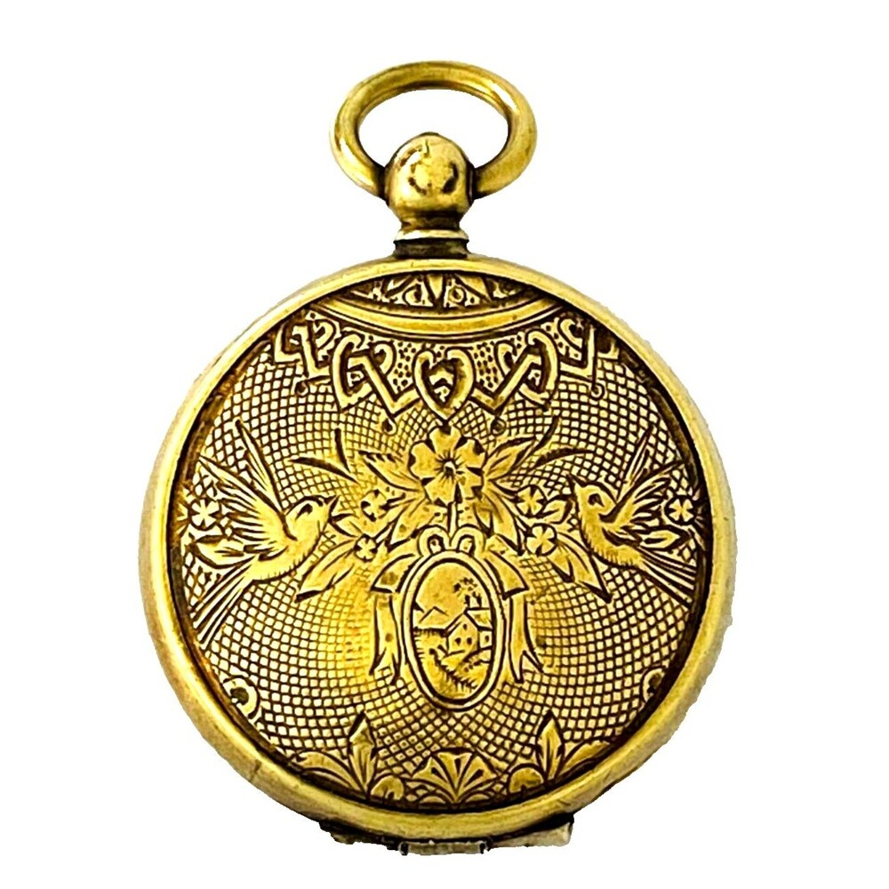 Antique Hand Engraved Bird Pocket Watch Locket Pinchbeck Gold Round Victorian